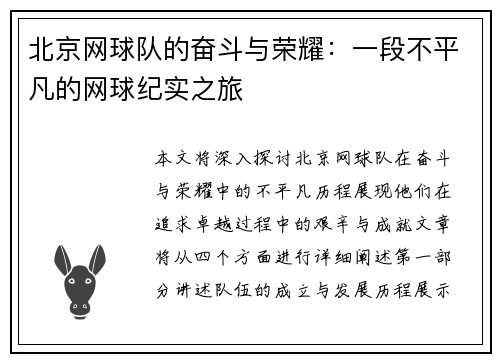 北京网球队的奋斗与荣耀：一段不平凡的网球纪实之旅